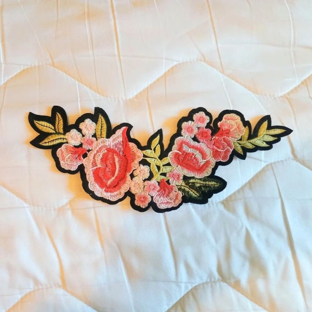 Embroidered Floral Patch With Pink Flowers Green Leaves